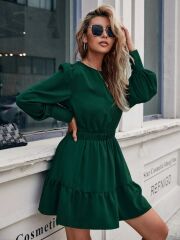 Kadın Uzun Kollu Bisiklet Yaka Beli Lastikli Fırfırlı Ithal Krep Elbise