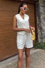 Yelek Şort Flamlı Keten Takım 10133-17