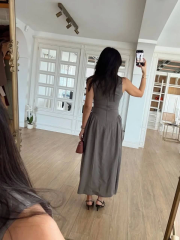 Kolsuz Uzun Kabardin Elbise - Gri