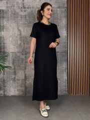 Kadın Kısa Kollu Bisiklet Yaka Yırtmaçlı Viskon Iki Iplik Elbise