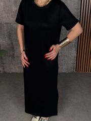 Kadın Kısa Kollu Bisiklet Yaka Yırtmaçlı Viskon Iki Iplik Elbise