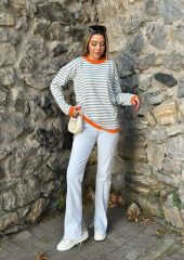 Kadın Uzun Kollu Bisiklet Yaka çizgi Desenli Triko Bluz