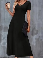 Kadın Kısa Kollu V Yaka Viskon Elbise