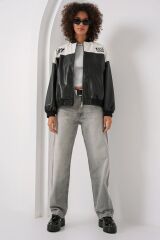 0698 Baskılı Suni Deri Bomber Ceket - Beyaz