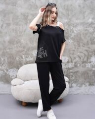 Kadın Kayık Yaka Baskı Detay Salaş Bluz Ve Yüksek Bel Pantolon Ikili Takım