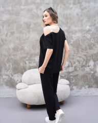 Kadın Kayık Yaka Baskı Detay Salaş Bluz Ve Yüksek Bel Pantolon Ikili Takım