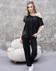 Kadın Kayık Yaka Baskı Detay Salaş Bluz Ve Yüksek Bel Pantolon Ikili Takım