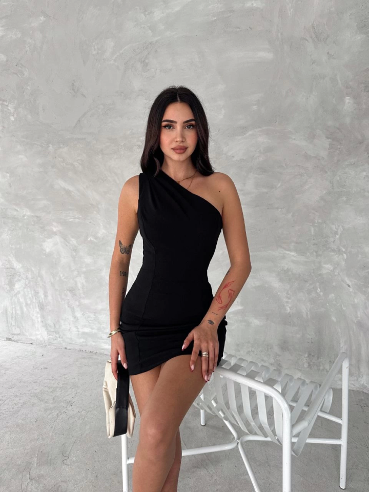 Tek Omuzlu Kolsuz Mini Boy Elbise - Siyah