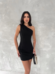 Tek Omuzlu Kolsuz Mini Boy Elbise - Siyah