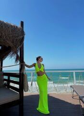 Kadın Mayo Kumaş Bağlamalı Crop Ve Maxi Boy Etek Ikili Takım