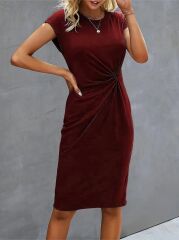 Kadın Kısa Kollu Bisiklet Yaka Yandan Büzgülü Midi Viskon Elbise