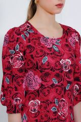 Bordo Gül Desenli Midi Elbise 2477