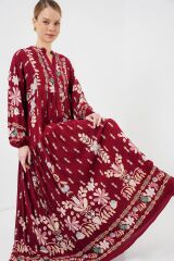 2423 Otantik Desenli Tesettür Elbise - H. Bordo