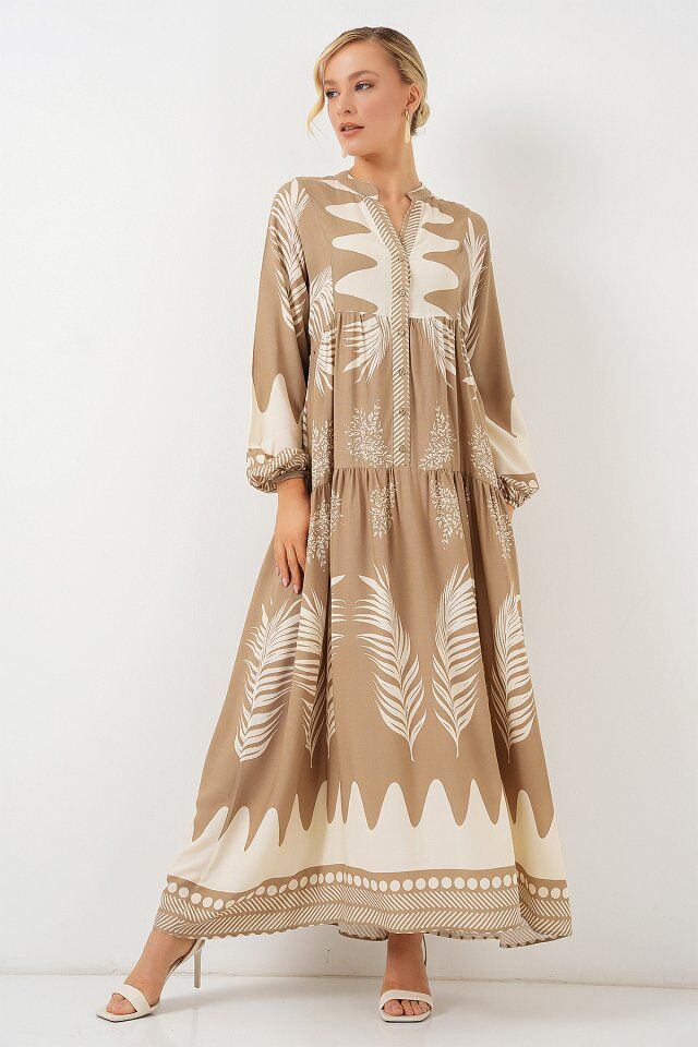 2423 Otantik Desenli Tesettür Elbise - M. Camel