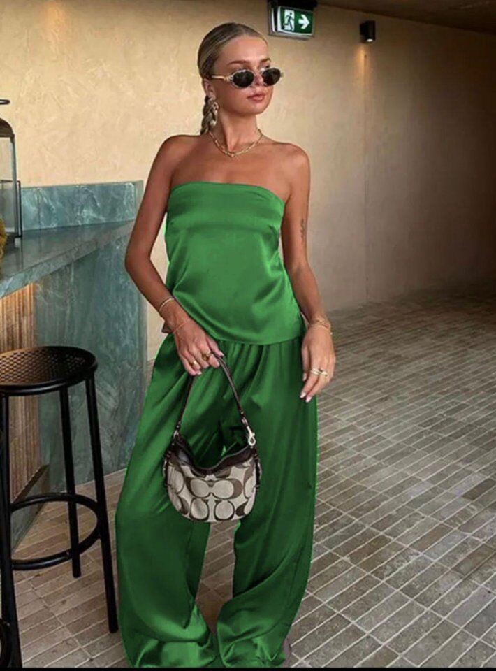 Kadın Likralı Saten Kumaş Straplez Bağlamalı Ikili Takım