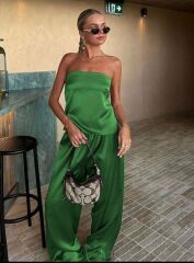 Kadın Likralı Saten Kumaş Straplez Bağlamalı Ikili Takım