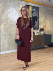 Kadın Kısa Kollu Bisiklet Yaka Omuzdan Düğmeli Uzun Viskon Iki Iplik Elbise