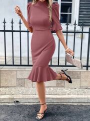 Kadın Kısa Kollu Yarı Balıkçı Yakalı Etek Ucu Fırfırlı Midi Ithal Krep Elbise
