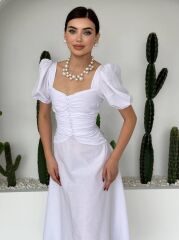 Kare Yaka Düğmeli Elbise