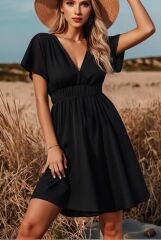 Kadın Kısa Kollu Kruvaze Yaka Beli Gipeli Bürümcük Elbise