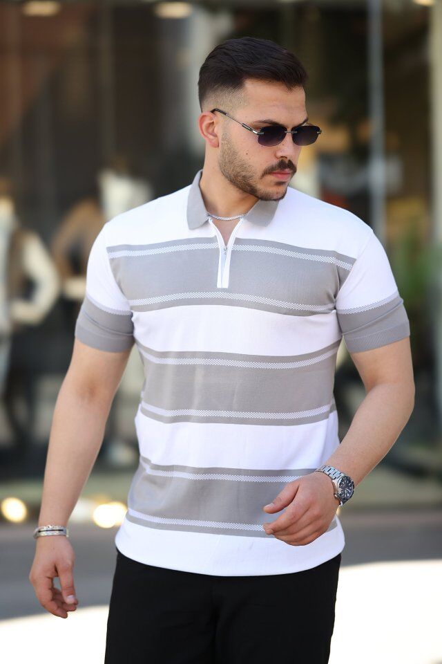 Erkek Yakalı Fermuarlı çift Renk Kısa Kollu T-shirt