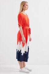 2504 Desenli Kısa Kol Viskon Elbise - Kırmızı