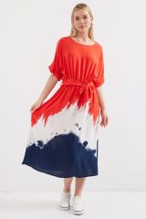 2504 Desenli Kısa Kol Viskon Elbise - Kırmızı