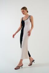 İki Renki Kolsuz Elbise - Siyah-Krem