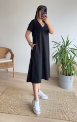 Kadın Kısa Kollu V Yaka Cepli A Kesim Detaylı Viskon Elbise