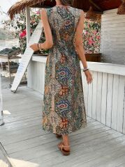 Kadın Kolsuz V Yakalı Desenli Süprem Tulum Elbise