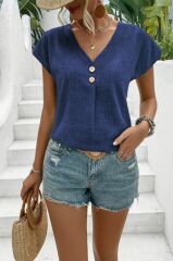 Kadın Kısa Kollu V Yakalı Düğmeli Keten Bluz