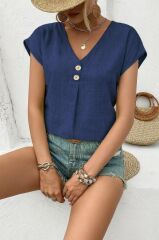 Kadın Kısa Kollu V Yakalı Düğmeli Keten Bluz