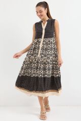 2516 Desenli Sıfır Kol Viskon Elbise - Siyah