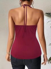 Kadın Askılı Kuş Gözü Ve Dekolte Detay Boyundan Bağlamalı Viskon Bluz