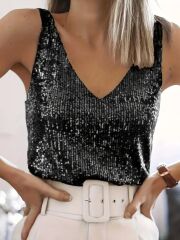 Pul Payetli Sıfır Kol Bluz -Siyah