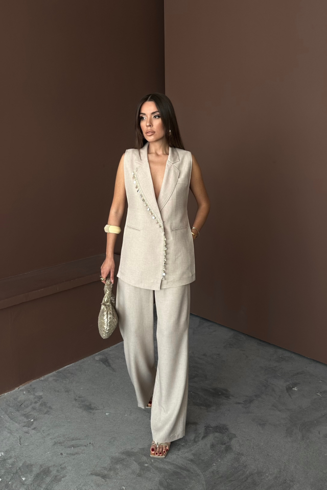 YAKA MİDYE KABUĞU SIRALI YELEK - PANTOLONTAKIM KETEN KUMAŞ - Ham