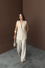 YAKA MİDYE KABUĞU SIRALI YELEK - PANTOLONTAKIM KETEN KUMAŞ - Ham