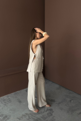 YAKA MİDYE KABUĞU SIRALI YELEK - PANTOLONTAKIM KETEN KUMAŞ - Ham