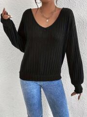 Kadın Uzun Kollu V Yakalı Pencere Sırt Dantel Detaylı Kalın Fitilli Kaşkorse Bluz