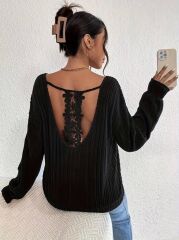 Kadın Uzun Kollu V Yakalı Pencere Sırt Dantel Detaylı Kalın Fitilli Kaşkorse Bluz