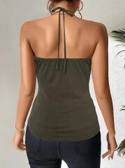 Kadın Askılı Kuş Gözü Ve Dekolte Detay Boyundan Bağlamalı Viskon Bluz