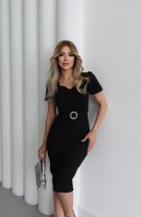 Kadın Kısa Kollu Yakası Açık önden Halka Detaylı Ithal Krep Elbise