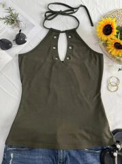 Kadın Askılı Kuş Gözü Ve Dekolte Detay Boyundan Bağlamalı Viskon Bluz