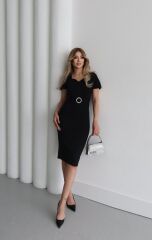 Kadın Kısa Kollu Yakası Açık önden Halka Detaylı Ithal Krep Elbise