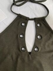 Kadın Askılı Kuş Gözü Ve Dekolte Detay Boyundan Bağlamalı Viskon Bluz