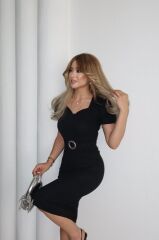 Kadın Kısa Kollu Yakası Açık önden Halka Detaylı Ithal Krep Elbise