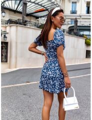 Kadın Kısa Kollu Kalp Yaka çiçek Desenli Krep Elbise