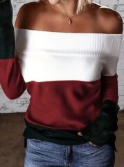 Kadın Uzun Kollu Omuzlardan Açık Uzun Kollu Blok çizgili Triko Bluz