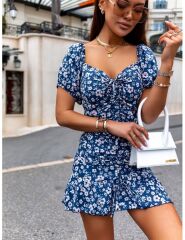 Kadın Kısa Kollu Kalp Yaka çiçek Desenli Krep Elbise