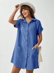 Kadın Cep Detay Müslin Kumaş Mini Gömlek Elbise